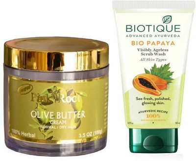 

Pink Root OLIVE BUTTER CREAM 100G WITH BIOTIQUE PAPAYA FACEWASH(Set of 2)