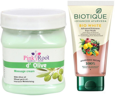 

Pink Root D OLIVE MASSAGE CREAM 500G WITH WHITE FAIRNESS FACEWASH(Set of 2)