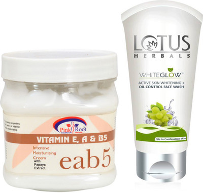

Pink Root VITAMIN E,A,B5 MASSAGE CREAM 500G WITH LOTUS OIL CONTROL FACEWASH(Set of 2)