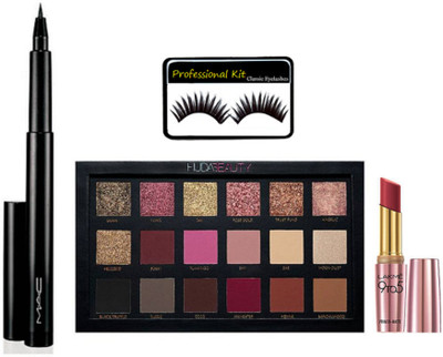 

Professional kit Of Eyelashes,Huda Beauty Textured Shadows Palette Rose Gold Edition Eye Shadow with Mac Pencil Eyeliner Blackest waterproof, 9 to 5 Primer + Matte Lipstick(Set of 4)