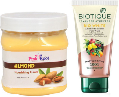 Pink Root ALMOND CREAM 500G WITH BIOTIQUE WHITE FAIRNESS FACEWASH(Set of 2)