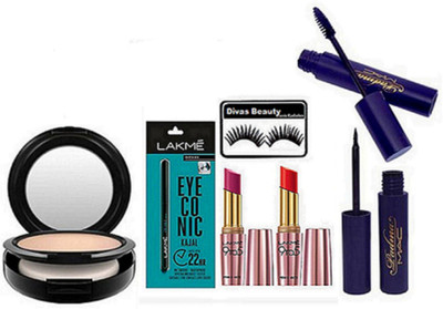 

divas beauty Eyelashes ,LAKME EYECONIC KAJAL & Lakme 9 to 5 Lipstick ,Padma Liner & Mascara , Compact(Set of 7)