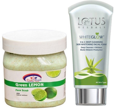 

Pink Root GREEN LEMON SCRUB 500G WITH LOTUS SKIN WHITENING FACEWASH(Set of 2)