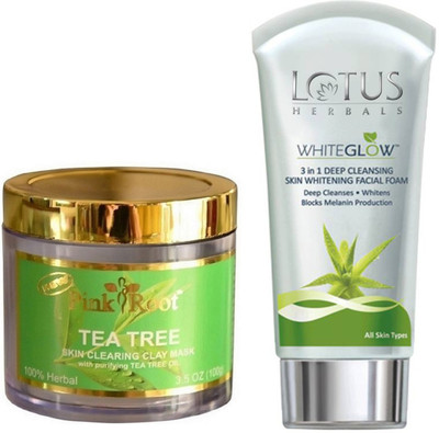 

Pink Root TEA TREE MUD MASK 100G WITH LOTUS SKIN WHITENING FACEWASH(Set of 2)