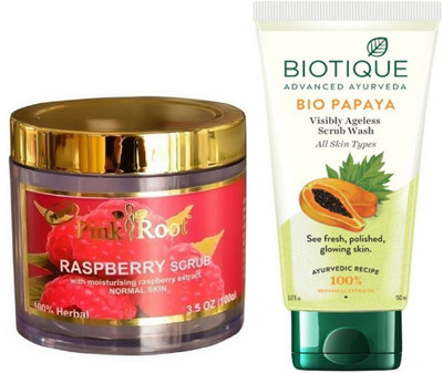 

Pink Root RASPBERRY SCRUB 100G WITH BIOTIQUE PAPAYA FACEWASH(Set of 2)
