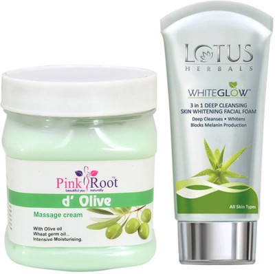

Pink Root D OLIVE MASSAGE CREAM 500G WITH LOTUS SKIN WHITENING FACEWASH(Set of 2)