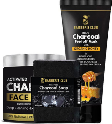 

Barber's Club Charcoal Soap 100g + Charcoal Face Scrub 130g + Charcoal Peel off Mask with Honey 60 g(Set of 3)