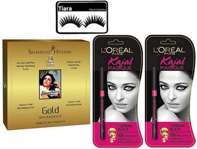 

tiara Eyelashes , Shahnaz Hussain Gold Facial Kit , Supreme Black Kajal PAck Of 2(Set of 4)