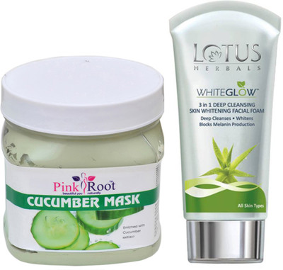 

Pink Root CUCUMBER MASK 500G WITH LOTUS SKIN WHITENING FACEWASH(Set of 2)