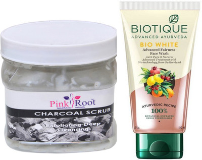 

Pink Root CHARCOAL SCRUB 500G WITH BIOTIQUE WHITE FAIRNESS FACEWASH(Set of 2)