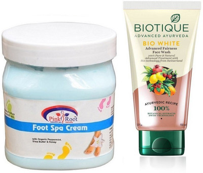 

Pink Root FOOT SPA CREAM 500G WITH BIOTIQUE WHITE FAIRNESS FACEWASH(Set of 2)