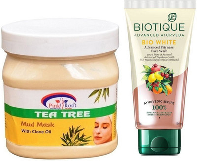 

Pink Root TEA TREE MUD MASK 500G WITH BIOTIQUE WHITE FAIRNESS FACEWASH(Set of 2)
