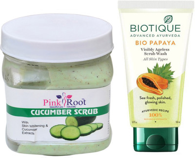 

Pink Root CUCUMBER SCRUB 500G WITH BIOTIQUE PAPAYA FACEWASH(Set of 2)