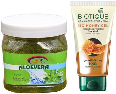 

Pink Root ALOEVERA GEL SCRUB 500G WITH BIOTIQUE HONEY FACEWASH(Set of 2)