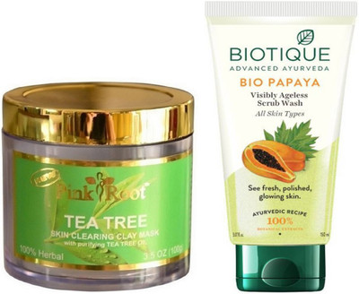 

Pink Root TEA TREE MUD MASK 100G WITH BIOTIQUE PAPAYA FACEWASH(Set of 2)
