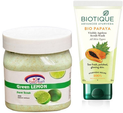 Pink Root GREEN LEMON SCRUB 500G WITH BIOTIQUE PAPAYA FACEWASH(Set of 2)