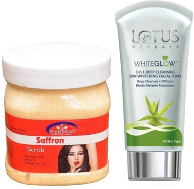 

Pink Root SAFFRON SCRUB 500G WITH LOTUS SKIN WHITENING FACEWASH(Set of 2)