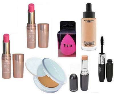 

tiara Spounge Puff & Mac Studio Waterweight Foundation , Stick Concealer , Maybelline New York Compact , Color bar Eyeliner 7 Mascara , Lakme 9 to 5 primer Matte Lipstick Pack OF 2(Set of 7)