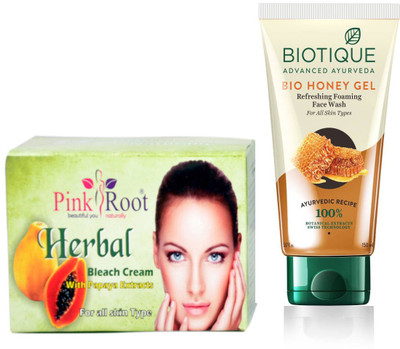 

Pink Root HERBAL BLEACH CREAM 250G WITH BIOTIQUE HONEY FACEWASH(Set of 2)