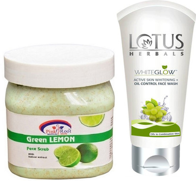

Pink Root GREEN LEMON SCRUB 500G WITH LOTUS OIL CONTROL FACEWASH(Set of 2)