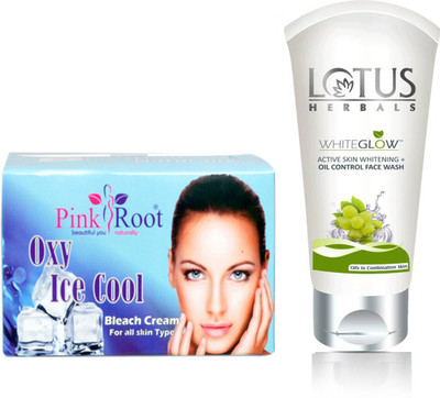 

Pink Root OXY ICE COOL BLEACH 250G WITH LOTUS OIL CONTROL FACEWASH(Set of 2)