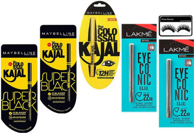 

divas beauty Eyelashes, Lakme Eyeconic ,Maybelling Colossal Kajal & Super Black Kajal(Set of 6)