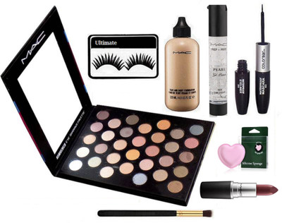 

Ultimate Eyelashes & 25 Eyeshadow Palette & Face And Body Foundation,Pearl Primer, Matte Finish Lipstick & makeup brush,Colorbar Eyeline & Mascara,Silicon Puff(Set of 8)