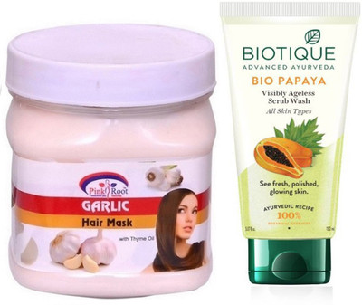 

Pink Root GARLIC HAIR MASK 500G WITH BIOTIQUE PAPAYA FACEWASH(Set of 2)