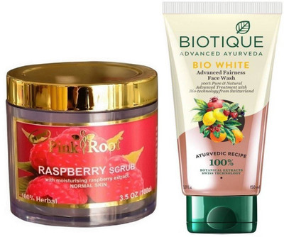 

Pink Root RASPBERRY SCRUB 100G WITH BIOTIQUE WHITE FAIRNESS FACEWASH(Set of 2)