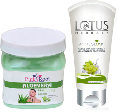 Pink Root ALOEVERA CREAM 500G WITH LOTUS OIL CONTROL FACEWASH(Set of 2)