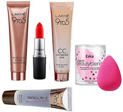 

eska Sponge Puff, 9 To 5 Primer, Mousse Foundation & C C Cream, Matte Finish Lipstick Red(Set of 5)