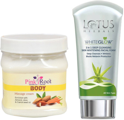 Pink Root BODY MASSAGE CREAM 500G WITH LOTUS SKIN WHITENING FACEWASH(Set of 2)