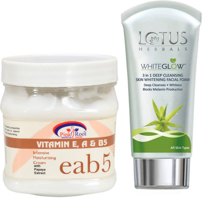 

Pink Root VITAMIN E,A,B5 MASSAGE CREAM 500G WITH LOTUS SKIN WHITENING FACEWASH(Set of 2)
