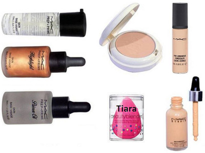 

tiara Sponge Puff & With Waterwieght Foundation & Mac prep+prime Primer & Highliter With Lightfull Compact & Pro longwear Concealer , Primer oil(Set of 7)