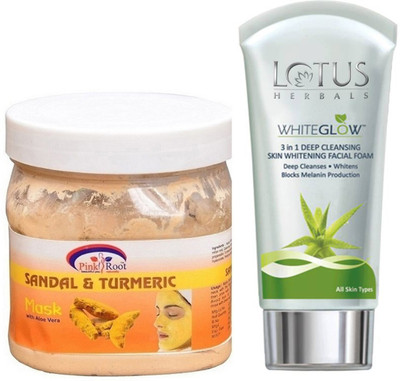 

Pink Root SANDAL TURMERIC MASK 500G WITH LOTUS SKIN WHITENING FACEWASH(Set of 2)