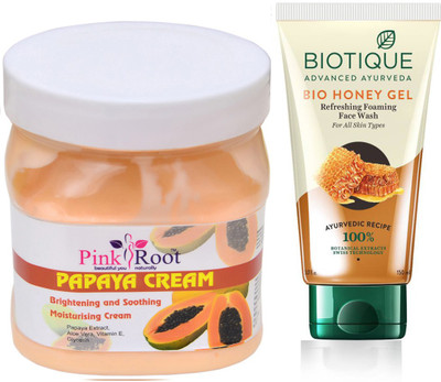 Pink Root PAPAYA CREAM 500G WITH BIOTIQUE HONEY FACEWASH(Set of 2)