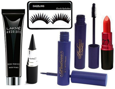

DAZZLING Sponge Puff & lakme absolute primer & Padma Eyliner & Mascara & Stick Kaj & LAdy Gaga Lipstick(Set of 6)