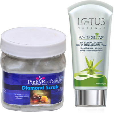 

Pink Root DIAMOND SCRUB 500G WITH LOTUS SKIN WHITENING FACEWASH(Set of 2)