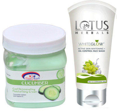 

Pink Root CUCUMBER CREAM 500G WITH LOTUS OIL CONTROL FACEWASH(Set of 2)