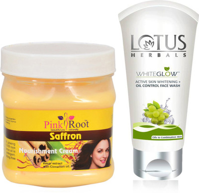 

Pink Root SAFFRON CREAM 500G WITH LOTUS OIL CONTROL FACEWASH(Set of 2)
