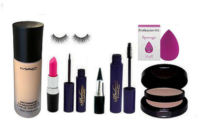 

Professional kit Sponge Puff & MAC Match Master Foundation,Pressed Powder Two Way Compact &Padma Eyeliner & Mascara & Pink Lipstick & Stick kajal & Eyelashes(Set of 8)