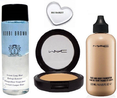 

big Basket Silicone puff & Face and Body Foundation with Studio Fix Compact, Bobbi Brown Instant Long Wear Make up Remover(Set of 4)