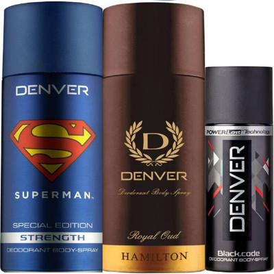 

Denver Superman Strength Deo 150Ml + Deo Royal Oud 150ML+ Deo Black code Nano 50Ml Deodorant Spray - For Men(350 ml, Pack of 3)