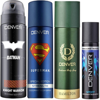

Denver Batman Knight Warrior Deo 150 Ml + Superman Strength Deo 150Ml + Deo Hamilton 165ML + Deo Blue sports Nano 50Ml Deodorant Spray - For Men(365 ml, Pack of 4)