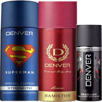 

Denver Superman Strength Deo 150Ml + Deo Honour 165ML+ Deo Black code Nano 50Ml Deodorant Spray - For Men(365 ml, Pack of 3)
