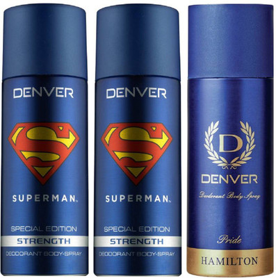 

Denver Superman Strength Deo 150Ml(Pack of 2) + Deo Pride 165Ml Deodorant Spray - For Men(465 ml, Pack of 3)