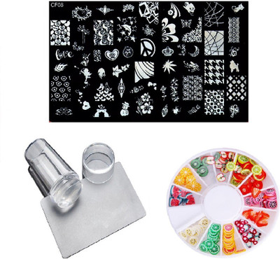 

Royalkart Nail Art Stamping Kit Jumbo Image Plate With Soft Nail Silicon Stamper, Scrapper & Nail Art Wheel (CF08)(multi color)