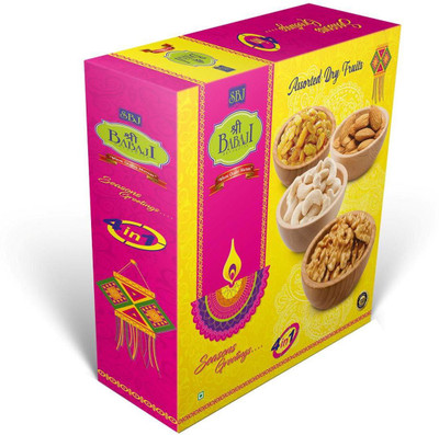 

Shree BABAJI Pack of Four{Almond(Badam) 200 grams + Cashew(Kaju) 200 grams + Walnut(Akhrot) 200 grams + Raisins(Kismiss)200 grams} Cashews, Walnuts, Almonds, Raisins(800 g, Box)