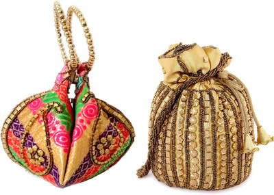 

DsGifts Women's Handmade Designer Multicolor Rajasthani Potli Bag and a Golden Potli Bag with Beadwork on Silk Fabric combo Potli(Multicolor)