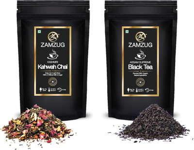 

zamzug Kashmiri Kahwah Premium Green Tea, Almond, Cardamom, Clove, Cinnamon, Ginger, Rose Petal & Saffron & Assam Supreme Black Tea (Pack of 2 / 50 gram each/ 30 cup each) Turmeric Black Tea(50 g, Pouch)